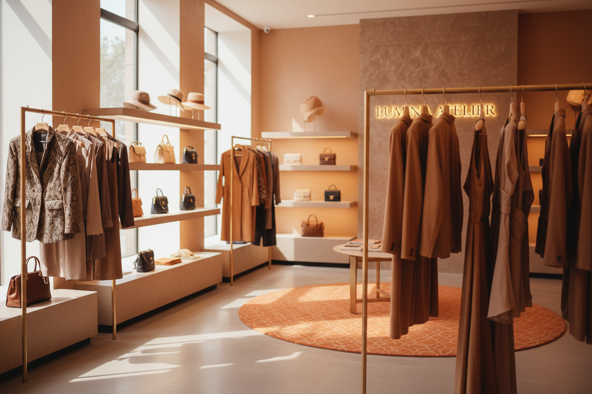 A modern Shopify fashion store interior, luxury clothing boutique, warm orange and beige color palette, minimal and aesthetic design, neatly arranged clothes on golden racks, premium jackets, coats, and dresses hanging, soft natural lighting, clean shelves with handbags and hats, high-end brand atmosphere, cinematic lighting, ultra realistic, 4K, professional e-commerce photography, depth of field, cozy fashion store, Instagram aesthetic